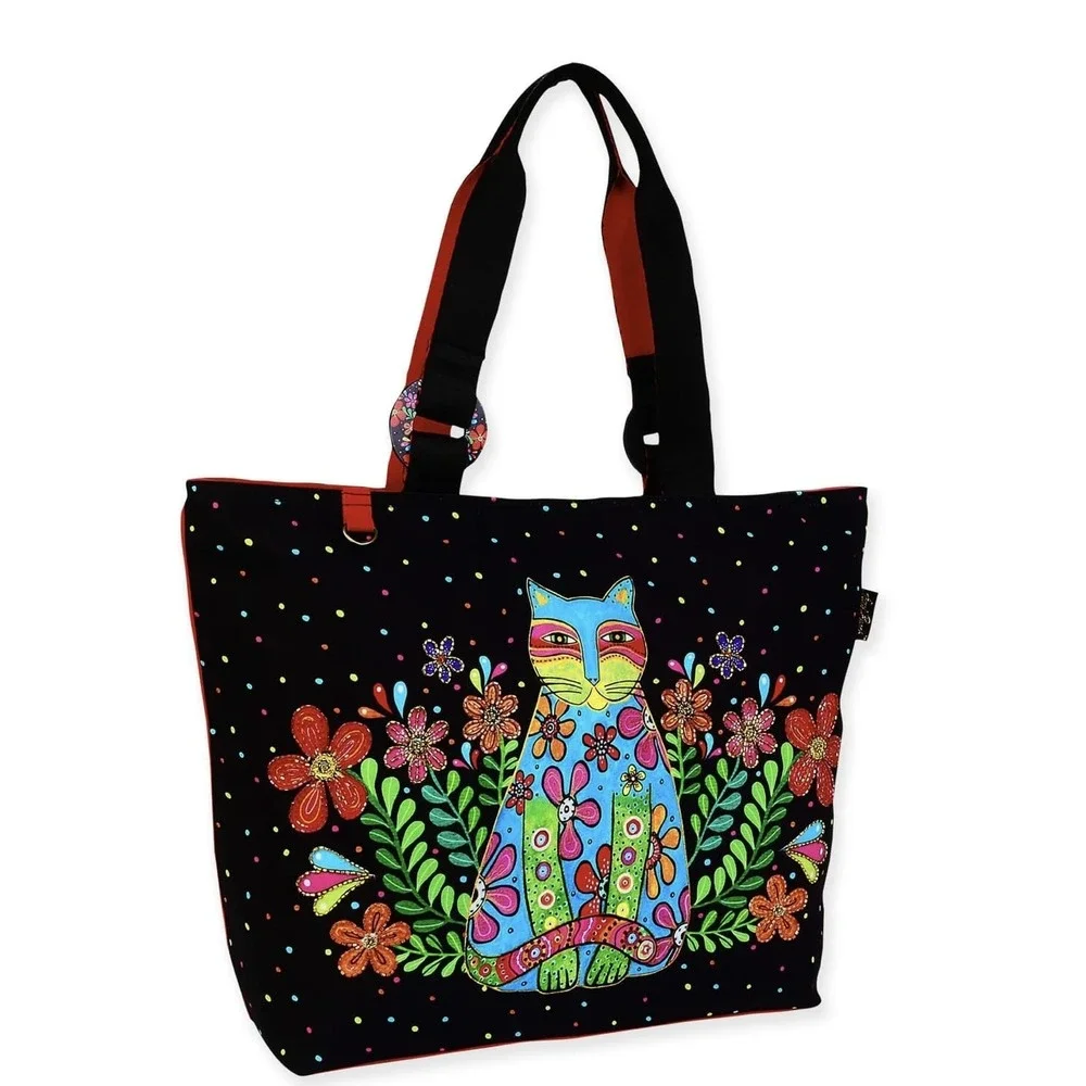 Laurel Burch Large Tote Bag 21x15x6.5 Cat Floral Canvas Black Multi Zip Pocket